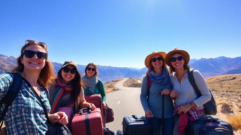 Reisende mit Gepäck auf einer Bergstraße