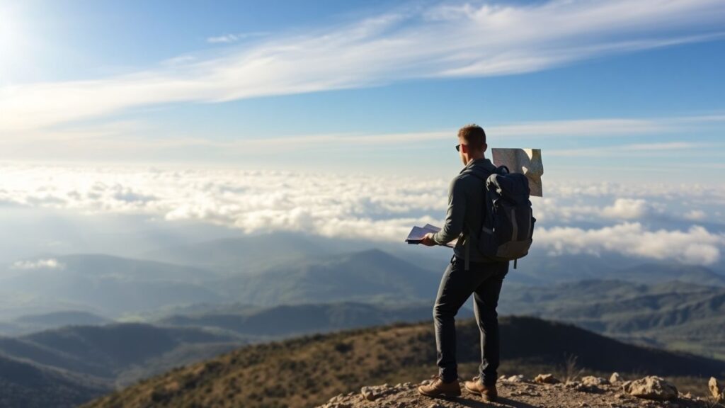 Weltreisender auf einem Berg mit Karte