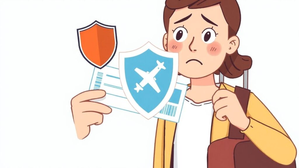 Person mit Flugticket und schützendem Schild