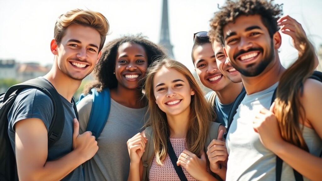 Junge Reisende mit Rucksäcken vor Wahrzeichen im Ausland
